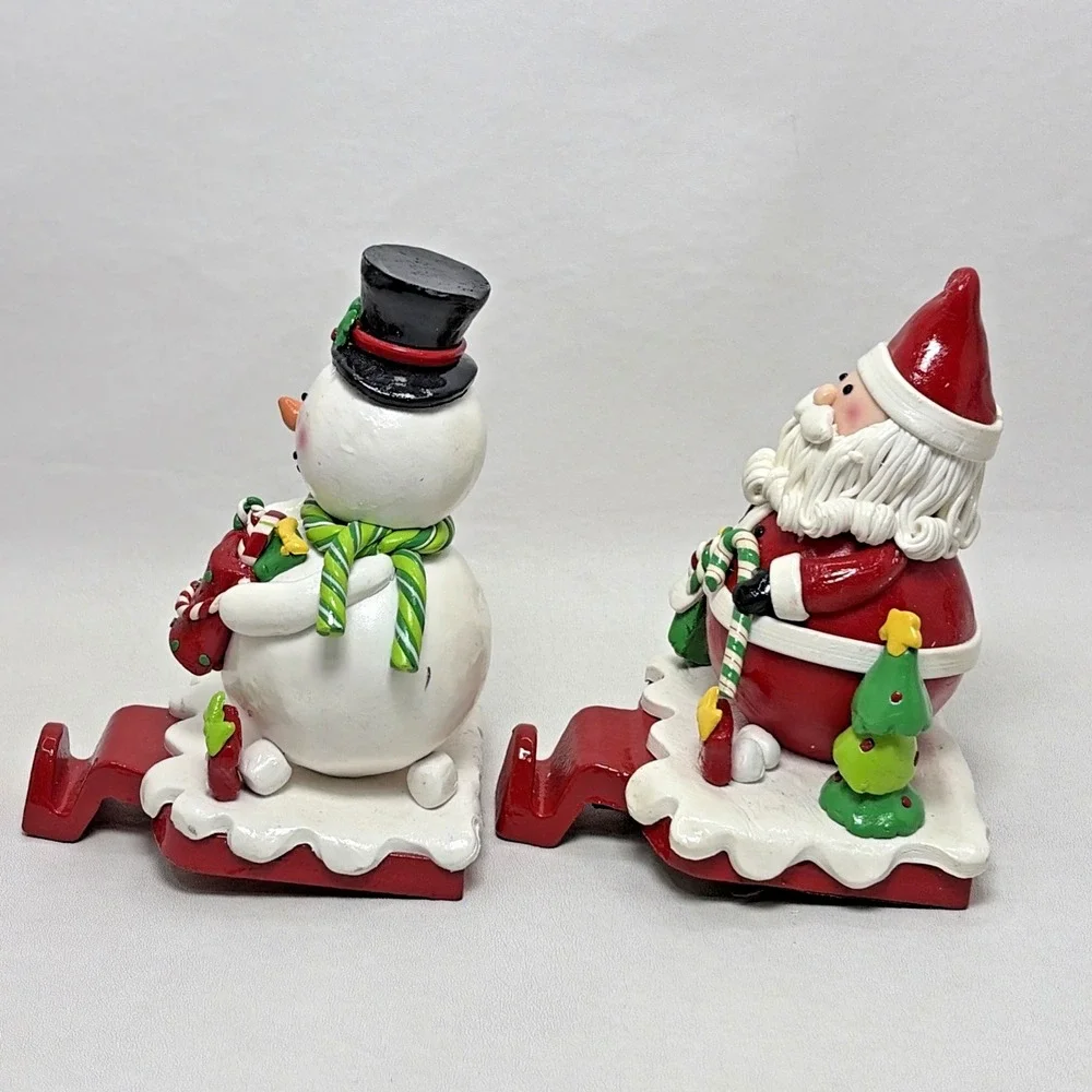 Vintage Claydough Set of 2 Santa Claus Snowman Stocking Holders Christmas Metal